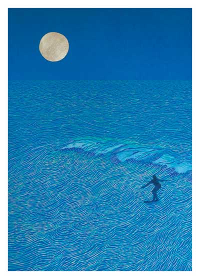 Surfer riding waves under a large full moon in a stylized blue ocean scene.