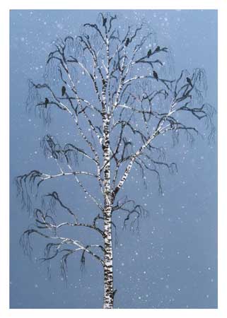 Bare birch tree with black birds perched on branches against a snowy blue sky background.