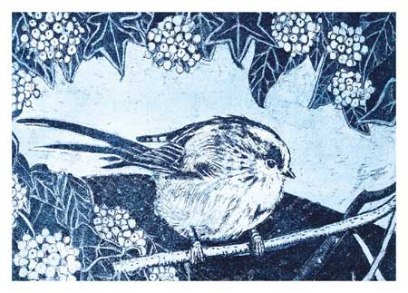 Blue-toned illustration of a small bird perched on a branch surrounded by leaves and berries.