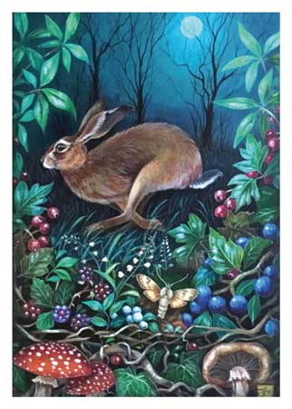 Brown hare mid-leap in a nighttime forest among mushrooms, berries, and a moth under a full moon.