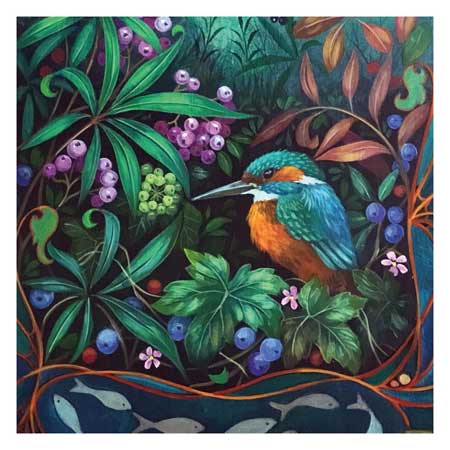 Colorful kingfisher bird perched amid lush green leaves and clusters of purple and blue berries.