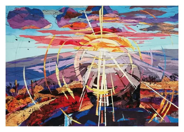 Colorful abstract landscape with sun, mountains, sky, and radiant circular light patterns.