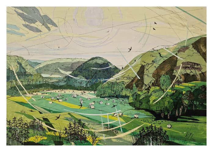 Illustration of a green valley with hills, scattered sheep, trees, and swirling white lines and birds above.