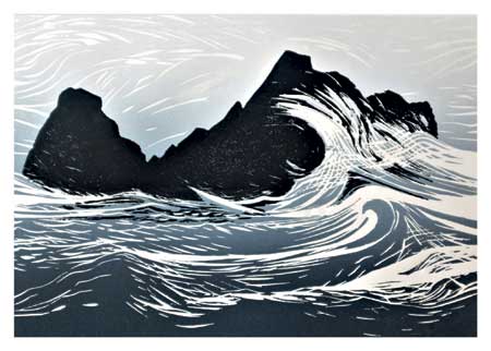Black mountain silhouette with stylized white waves crashing against it on a gray background.