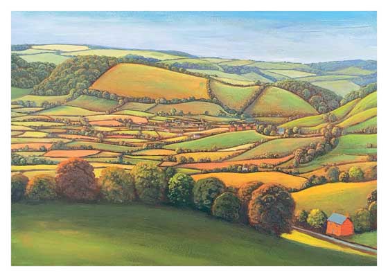 Painting of rolling hills and farmland with trees and a small red house under a blue sky.