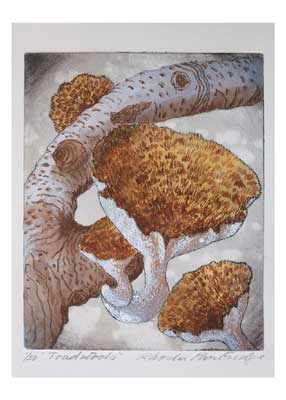 Art print of four brown and orange mushrooms with textured caps against a gray background.