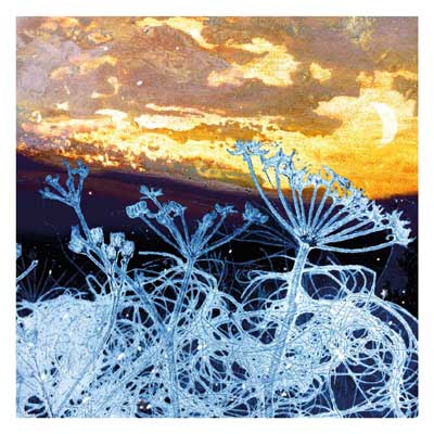 Artistic scene with blue abstract plants under a textured sky with golden clouds and a white crescent moon.