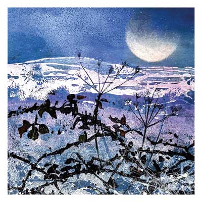Night scene with a bright moon, silhouetted branches, and abstract textured hills in blue and purple hues.