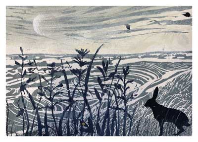 Silhouette of rabbit among tall grasses overlooking swirling patterns under a pale moonlit sky.
