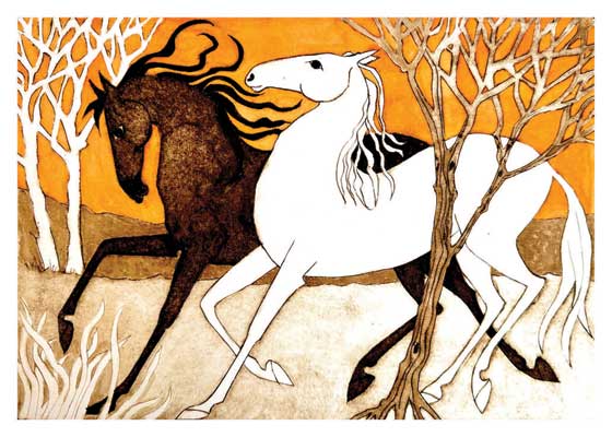 Illustration of a black and a white horse moving side by side amid leafless trees.