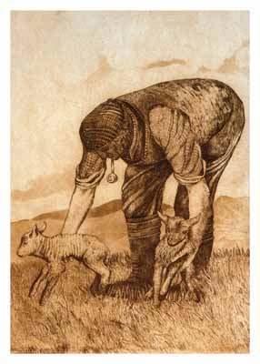 Sepia-toned drawing of a person bending down to pet a dog and a lamb in a field.