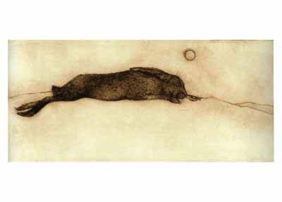 Artistic monochrome drawing of a reclining hare beneath a small circle on a plain background.