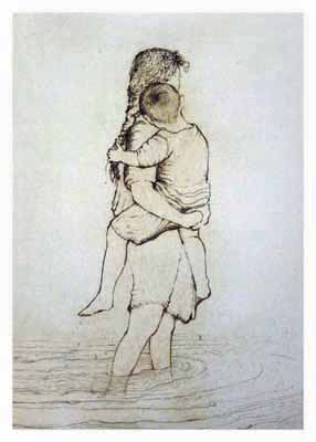 Sketch of an older child carrying a younger child on their back, standing in shallow water.