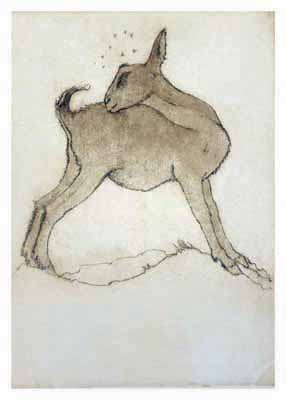 Sketch of a goat licking its back with a few flies hovering around its head.