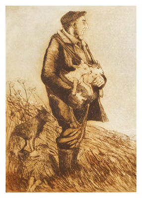 Man in coat and hat holding two lambs with a dog and sheep resting nearby in a field.