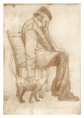 Sepia-toned sketch of a man sitting on a chair petting a small dog standing beside him.