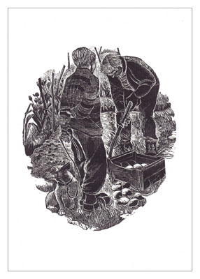 Black-and-white illustration of two boys with a dog gathering eggs in a basket outdoors.