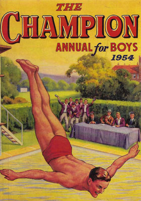Boy in red swim trunks diving headfirst into a pool with judges and cheering crowd watching.