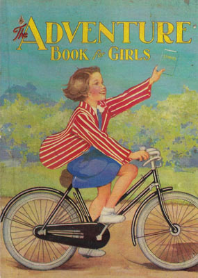 Girl in red-striped jacket riding a bicycle, holding up a book titled Adventure Book for Girls.