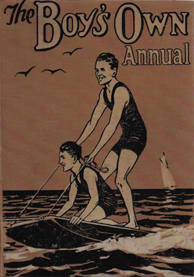 Illustration of two boys on a three-wheeled water scooter with sea birds and waves.