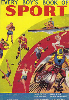 Vintage cover of Every Boy's Book of Sport showing various athletes in boxing, rowing, diving, cycling, and cricket.