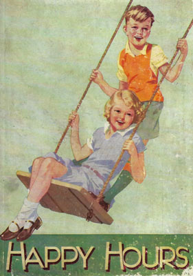 Vintage illustration of a smiling boy pushing a girl on a swing with 'Happy Hours' text below.