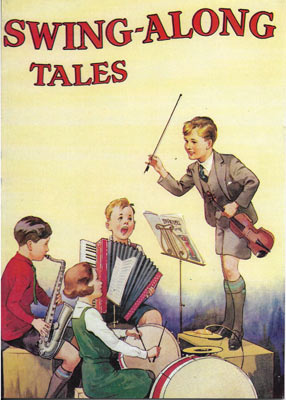 Four children playing instruments: saxophone, accordion, drums, and violin on a yellow background.