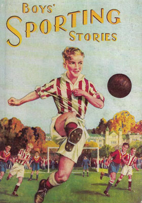 Boy in striped jersey kicking soccer ball on field with other players and autumn trees.