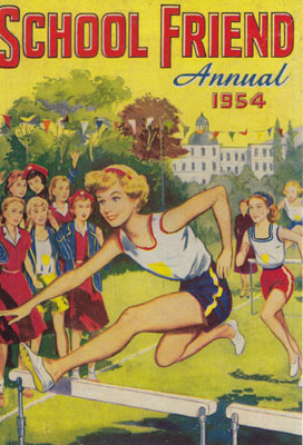 Cover of 1954 School Friend Annual showing girls hurdling in a race with spectators and trees in background.