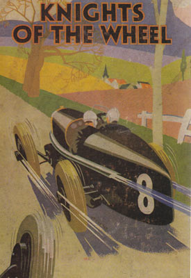 Retro poster showing a vintage race car with number 8 speeding on a rural road with title Knights of the Wheel.