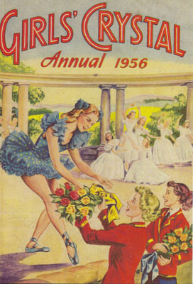 1956 Girls' Crystal Annual cover showing ballerina receiving flowers from two children in red coats.