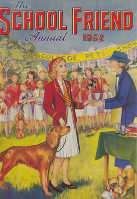 1952 cover of The School Friend Annual showing girls with dogs at a college pets show outdoors.