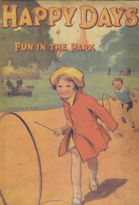 Vintage cover showing children playing with a hoop and stick in a park with trees in the background.