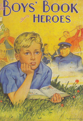 Illustration of a boy lying on grass reading a book titled Boys' Book of Heroes with historical figures behind him.