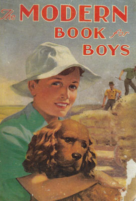 Book cover showing a smiling boy in a white hat holding a brown dog with two boys climbing rocks behind.