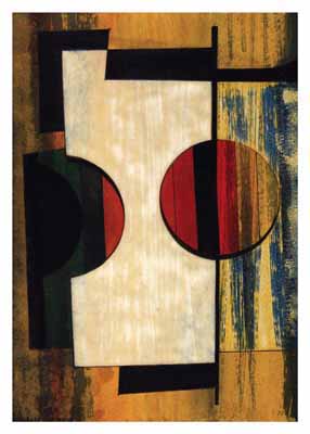 Abstract geometric composition with rectangles and circles in muted tones of beige, red, black, and blue.