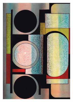 Abstract geometric painting with circles, rectangles, and textured color blocks in black, yellow, blue, and red.