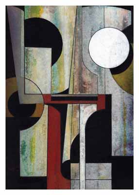 Abstract geometric painting with circles, rectangles, and muted colors like gray, green, black, and red.