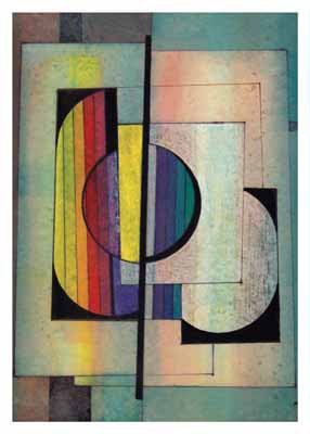 Abstract geometric art with overlapping rectangles, circles, and colorful vertical stripes.