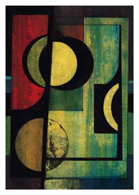 Abstract art with overlapping geometric shapes in red, yellow, black, and teal blues and greens.