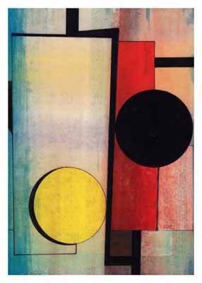 Abstract geometric artwork with yellow and black circles, a red rectangle, and blue and peach background.
