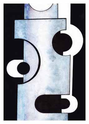 Abstract black, white, and gray geometric shapes arranged vertically with circular and rectangular cutouts.