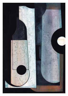 Abstract geometric composition with vertical shapes and circles in shades of black, gray, and beige.