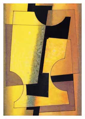 Abstract geometric composition with overlapping yellow, black, brown, and orange shapes.