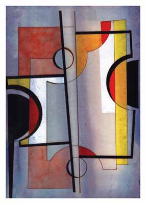 Abstract geometric painting with rectangles, circles, and lines in red, yellow, black, and blue tones.