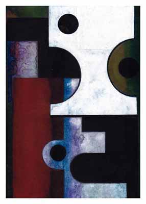 Abstract geometric painting with black, white, red, blue, and green shapes and circles.
