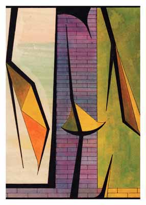 Abstract painting with geometric shapes in yellow, orange, green, and purple on a brick-like background.