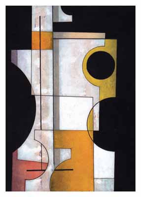 Abstract geometric art with white, orange, yellow, and black shapes resembling parts of a guitar.