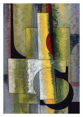 Abstract composition with intersecting yellow, green, and black geometric shapes on textured background.
