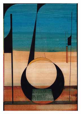 Abstract geometric shapes with a large black circle, vertical lines, and layered blue, beige, and brown background.
